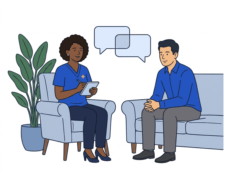 Flat vector illustration of a counselor with a notepad in conversation with a client on a couch