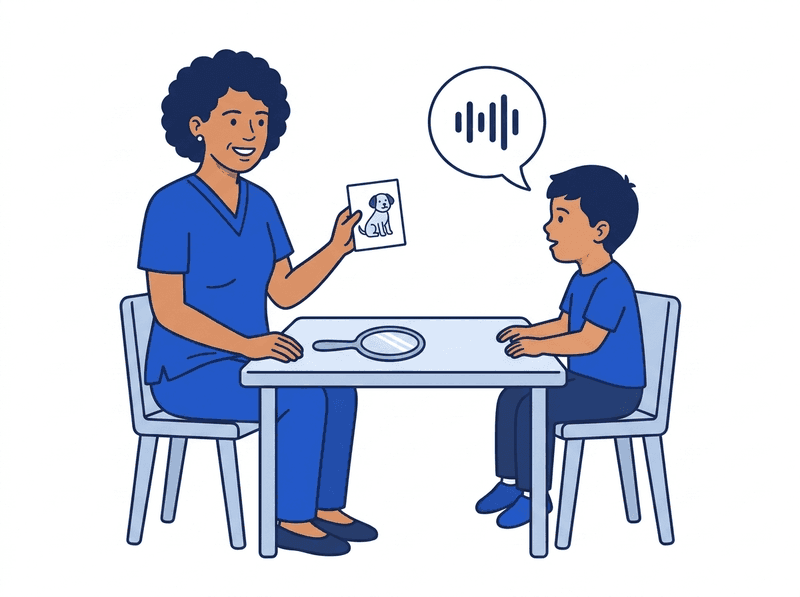 Flat vector illustration of a speech-language pathologist holding a picture card across the table from a young child