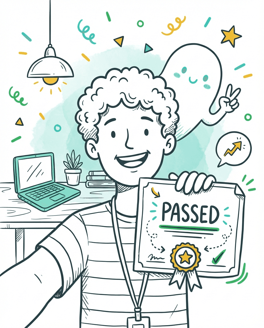 exam candidate smiling after a confident pass