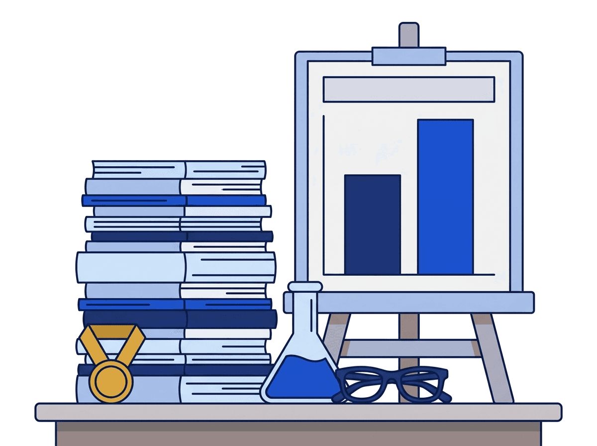 Flat illustration of stacked peer-reviewed studies feeding into one clear performance conclusion