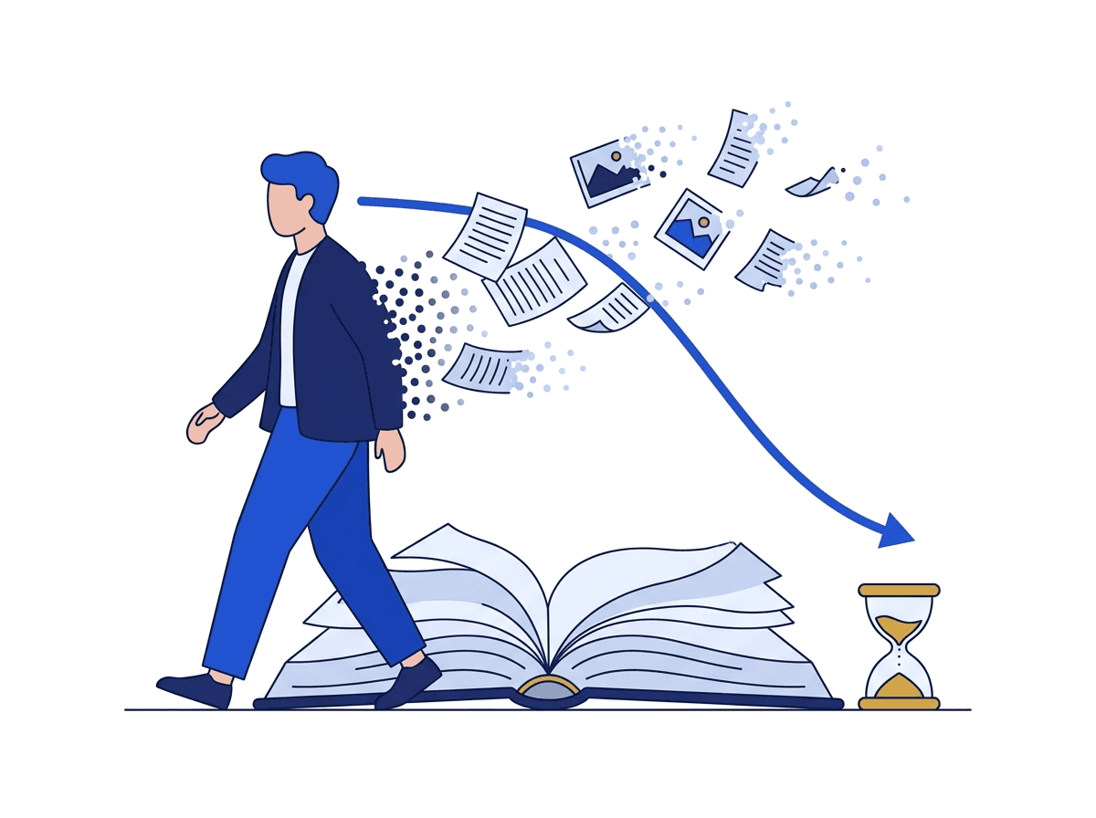 Flat illustration of the forgetting curve dropping steeply while spaced reviews lift retention back up