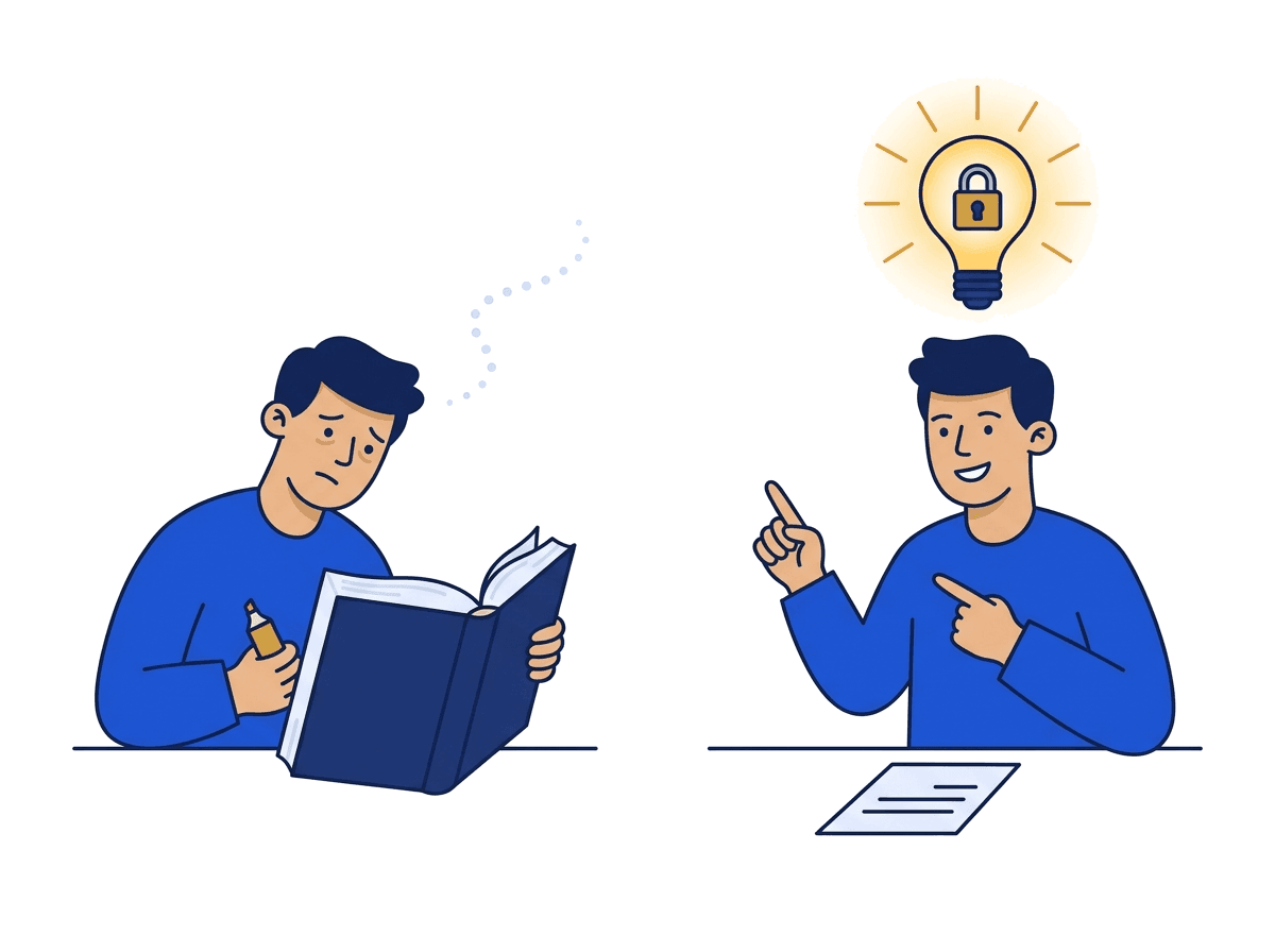 Flat illustration contrasting passive re-reading with active retrieval practice locking knowledge in