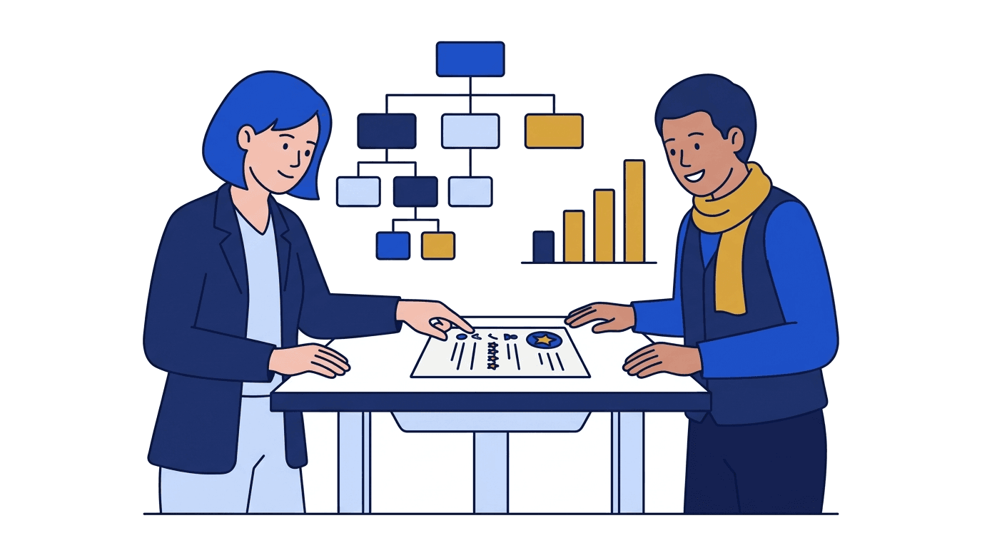 Flat vector illustration of HR certification study — people profiles, policy documents, and an award ribbon