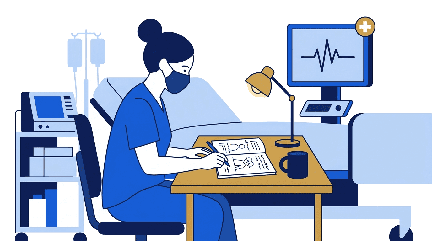 Flat vector illustration of nursing exam prep — stethoscope, heart-rate monitor, and clinical study notes