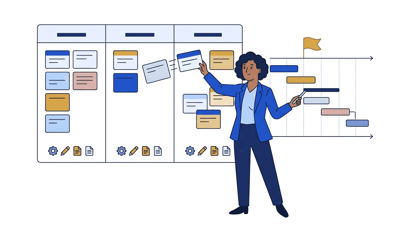 Flat vector illustration of project management study — Gantt chart, milestones, and task boards