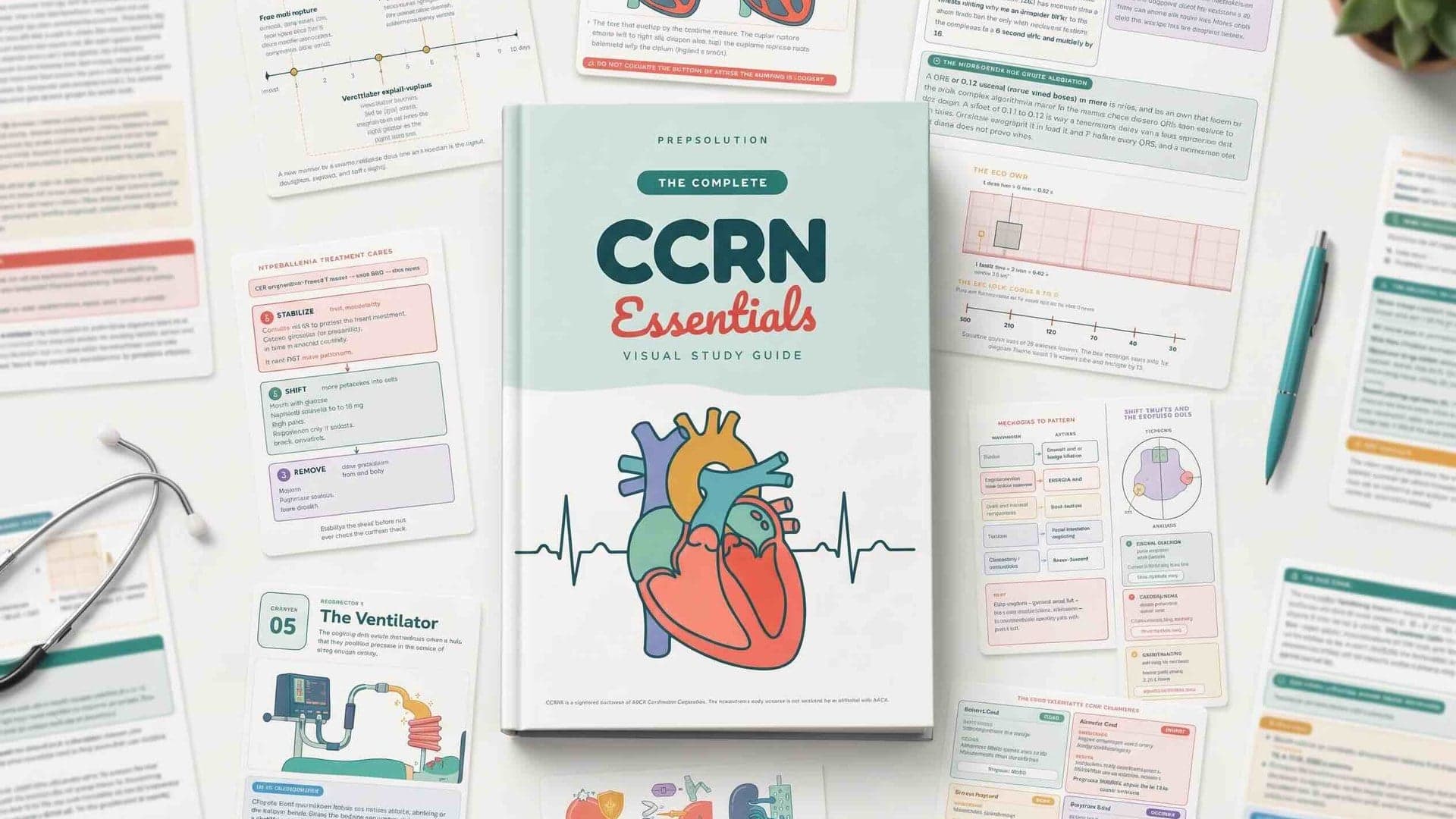 CCRN Essentials — The Complete Visual Study Guide, flanked by real illustrated pages on the pulmonary artery catheter and the liver as a refinery