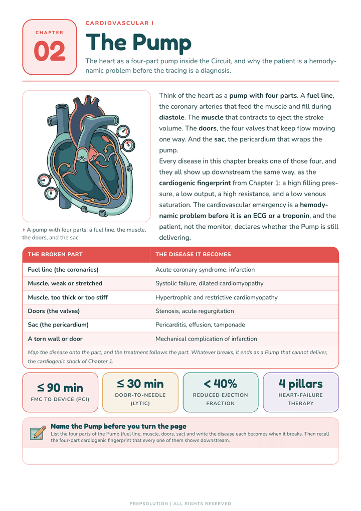 Sample page. The Chapter 2 opener, The Pump, the heart as a four-part pump inside the Circuit