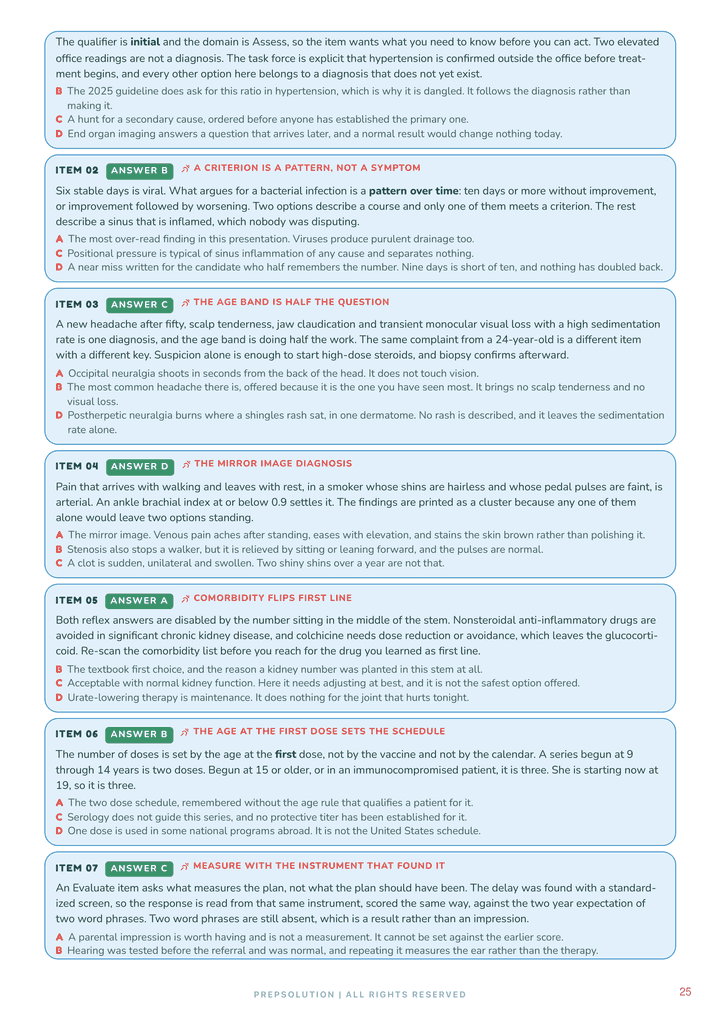 Sample page — trap autopsies under practice items, naming why each wrong option was written