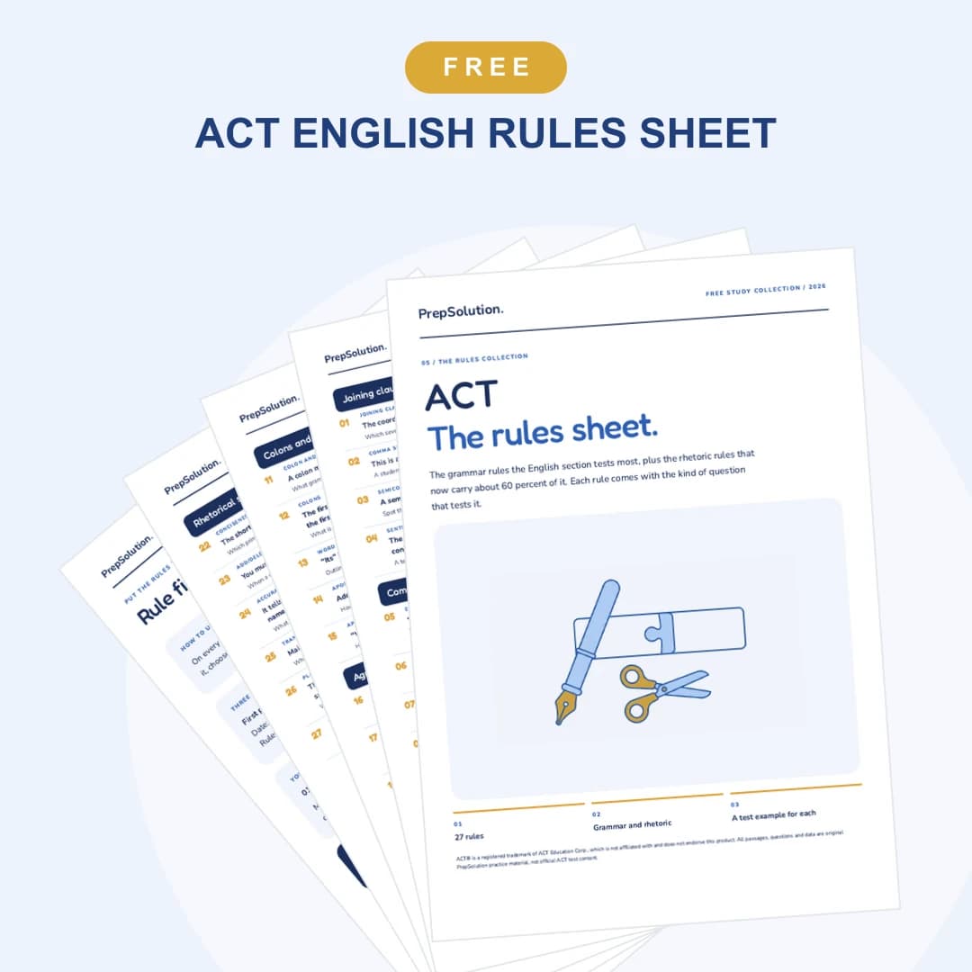 ACT English Rules Sheet — cover and sample pages from the free PrepSolution PDF