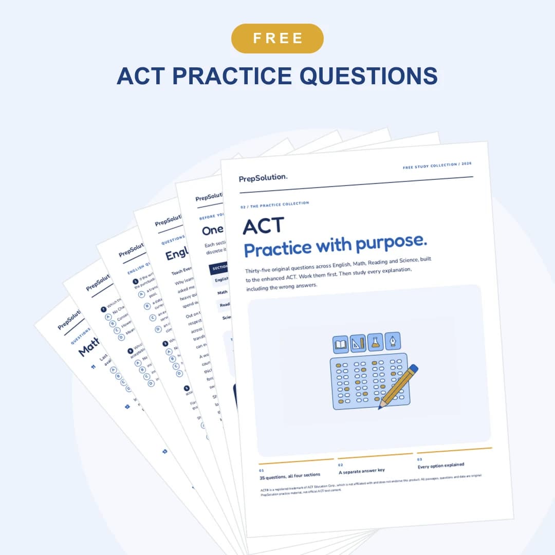 ACT Practice Questions — cover and sample pages from the free PrepSolution PDF