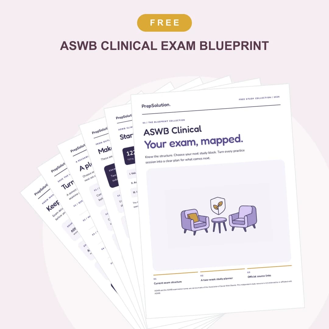 ASWB Clinical Exam Blueprint — cover and sample pages from the free PrepSolution PDF