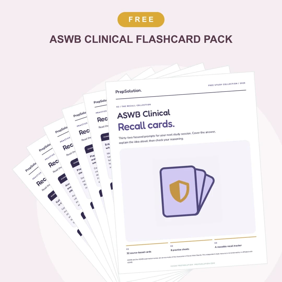 ASWB Clinical Flashcard Pack — cover and sample pages from the free PrepSolution PDF