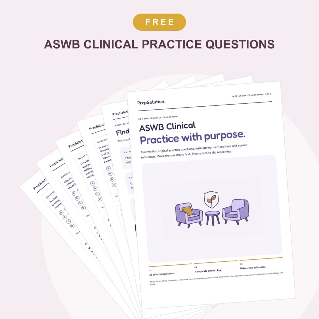 ASWB Clinical Practice Questions — cover and sample pages from the free PrepSolution PDF