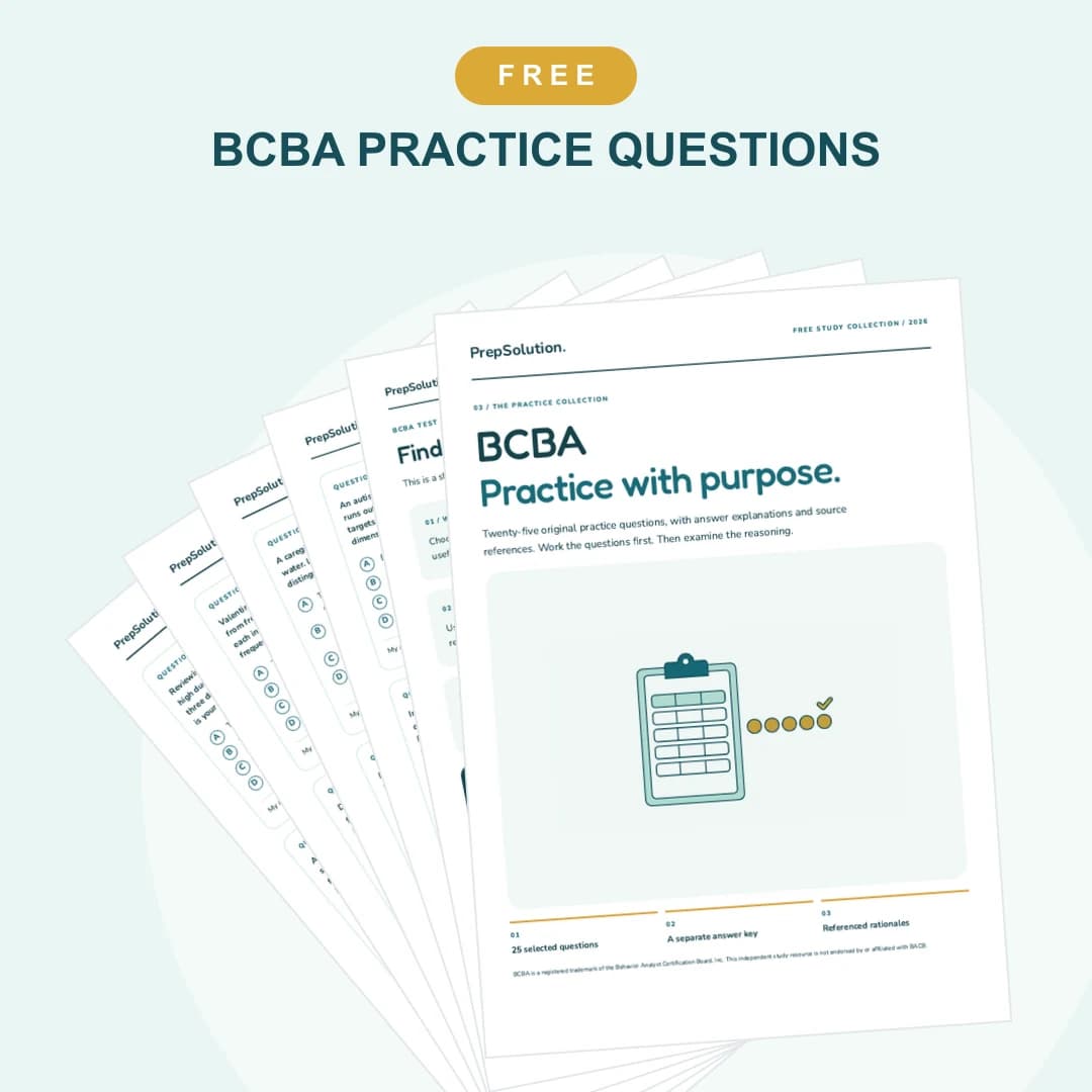 BCBA Practice Questions — cover and sample pages from the free PrepSolution PDF