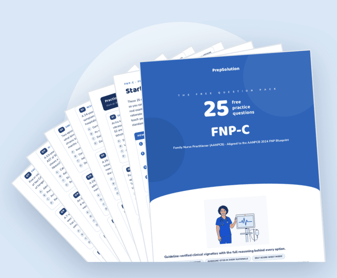 FNP-C free question pack — 25 free AANP FNP practice questions PDF by PrepSolution