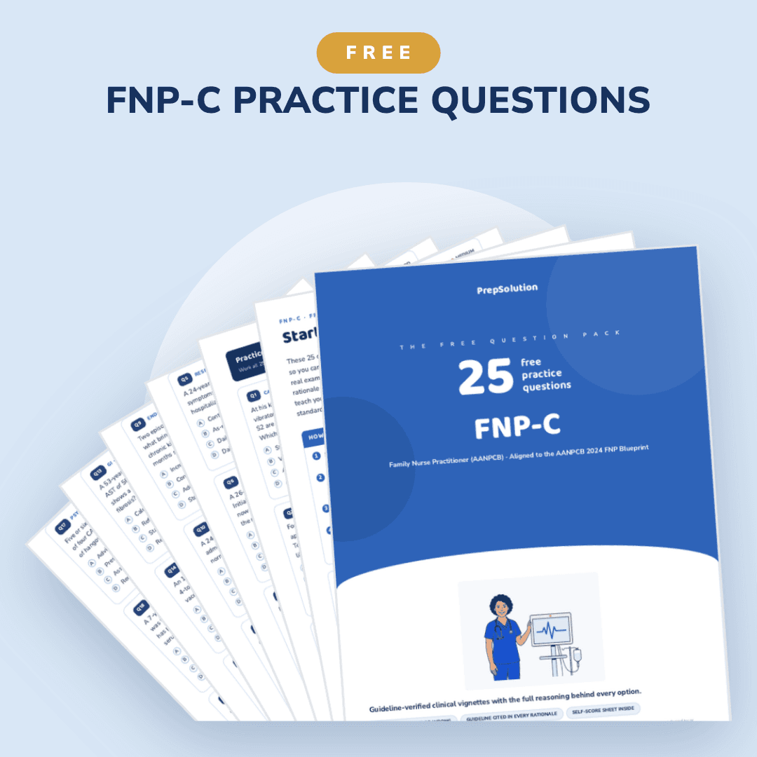 FNP-C free question pack — 25 free AANP FNP practice questions PDF by PrepSolution