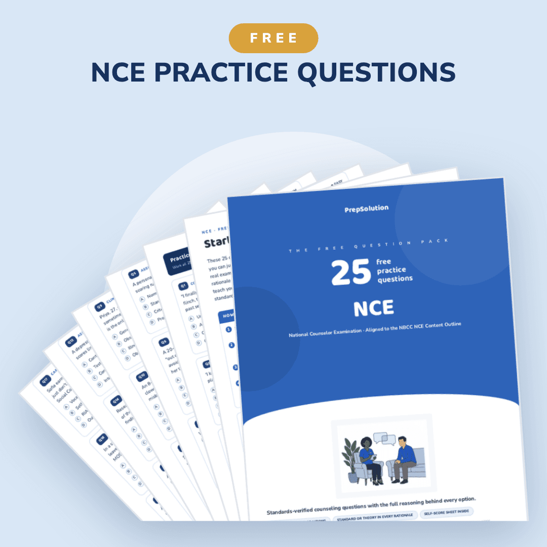 NCE free question pack — 25 free National Counselor Examination practice questions PDF by PrepSolution
