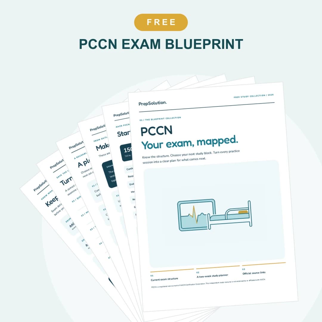 PCCN Exam Blueprint — cover and sample pages from the free PrepSolution PDF