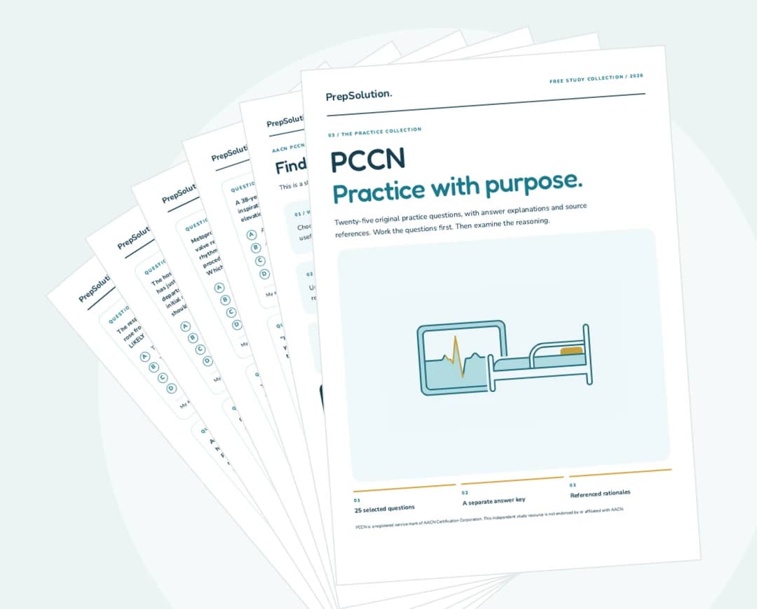 PCCN Practice Questions — cover and sample pages from the free PrepSolution PDF