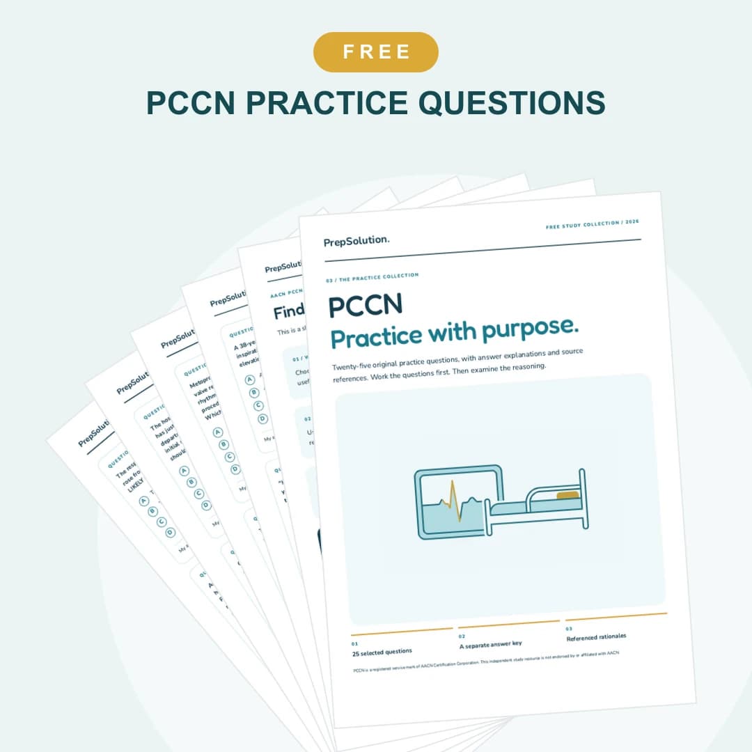PCCN Practice Questions — cover and sample pages from the free PrepSolution PDF