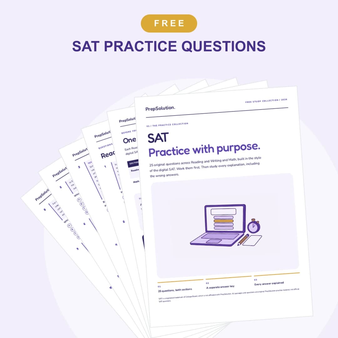 SAT Practice Questions: cover and sample pages from the free PrepSolution PDF