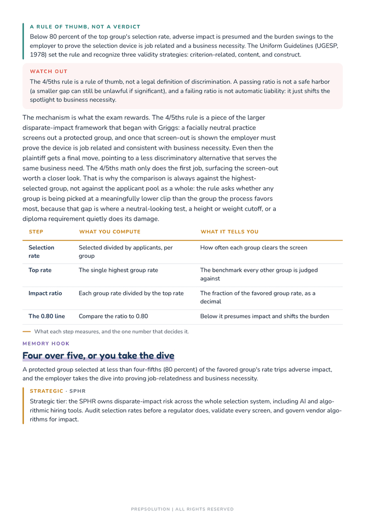 Worked-example page from Chapter 12 — the four-fifths adverse-impact screen carried through real numbers