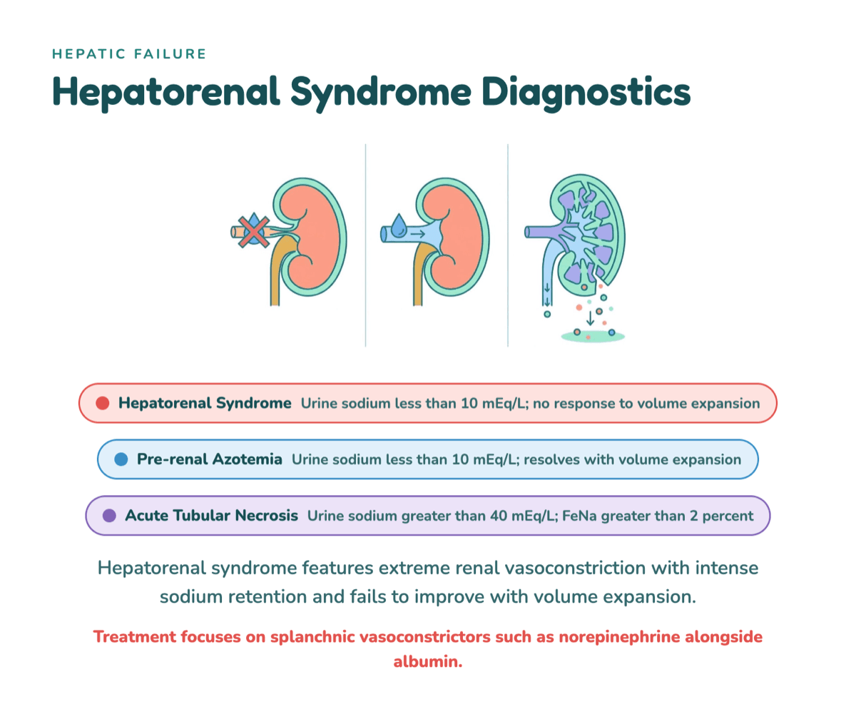 Illustrated teaching card from a CCRN explanation: hepatorenal syndrome diagnostics with three kidney illustrations and color-coded criteria for hepatorenal syndrome, pre-renal azotemia, and acute tubular necrosis