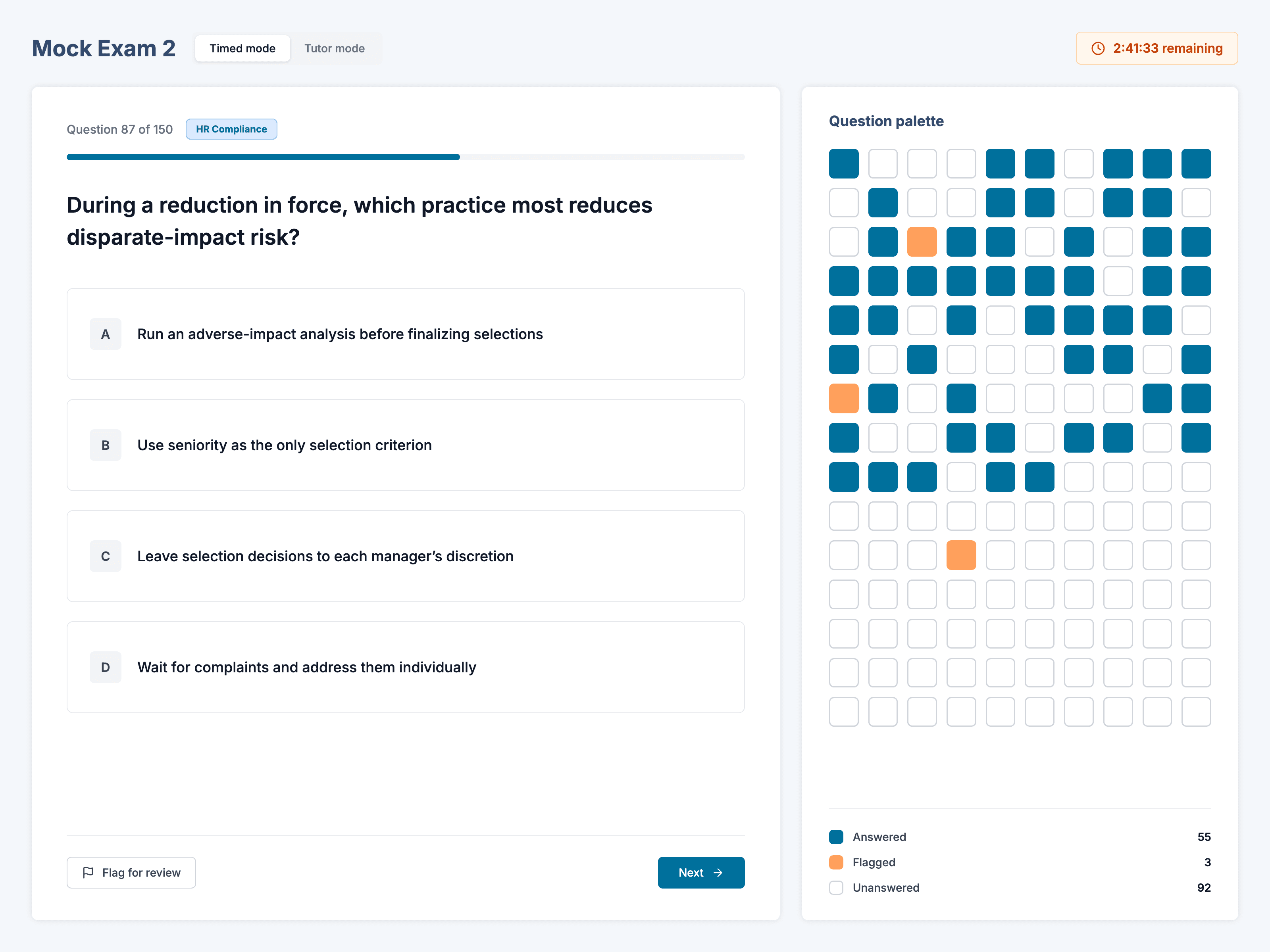 PrepSolution timed SPHR mock exam with countdown clock, question palette, and flag-for-review controls