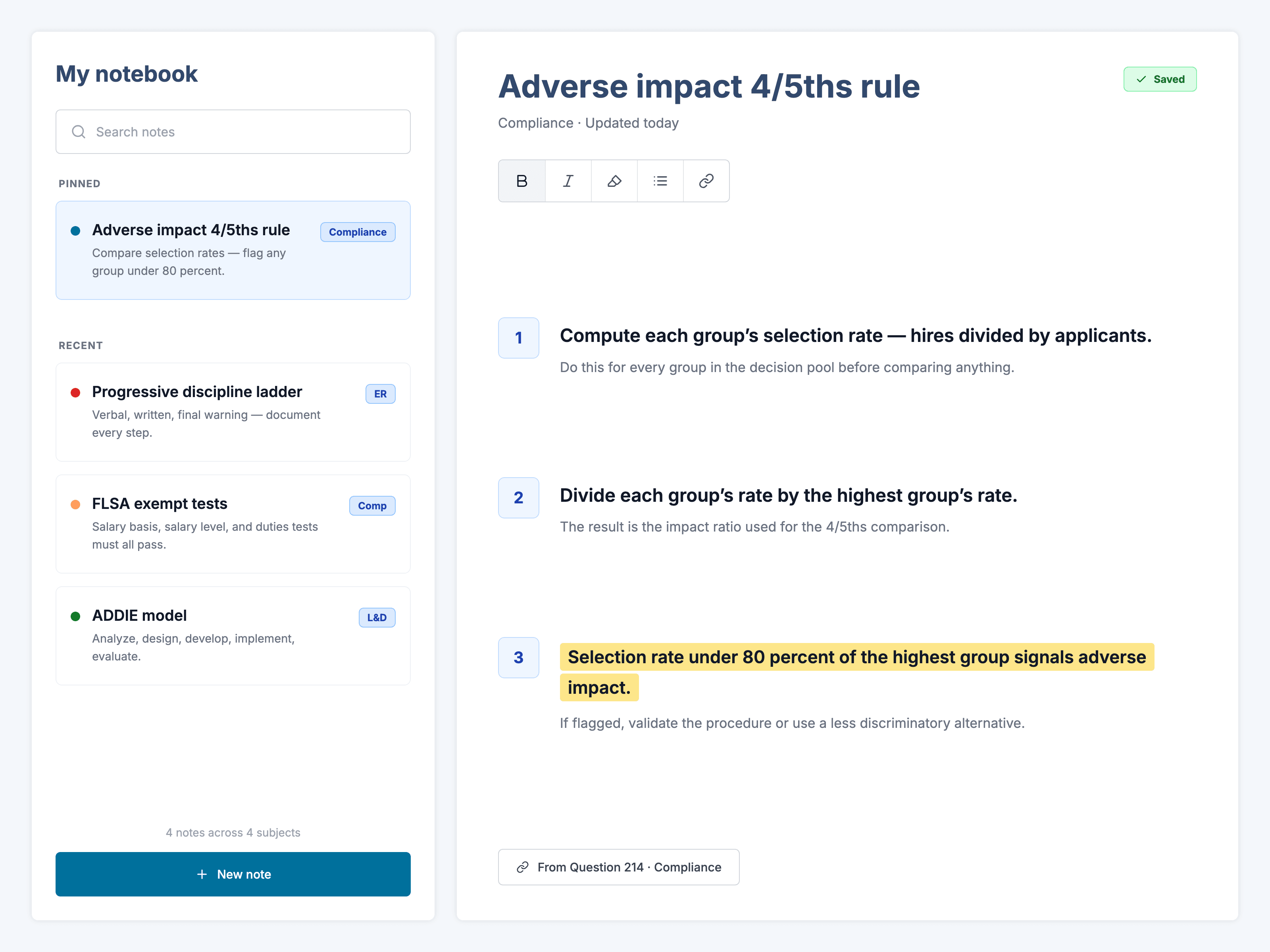 The built-in notebook: a saved note on the adverse impact four-fifths rule, highlighted text, and a link back to its question