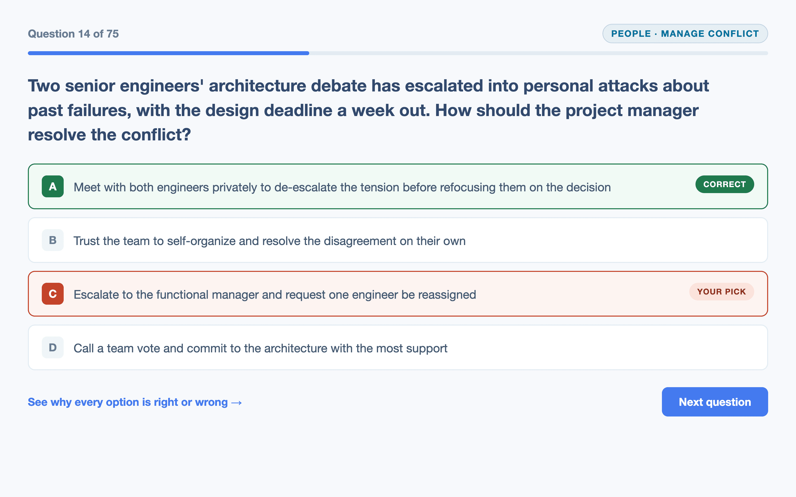 The Adaptive QBank: a PMP conflict-management scenario with the correct answer confirmed in green, a missed pick flagged in red, and a link to the full explanation
