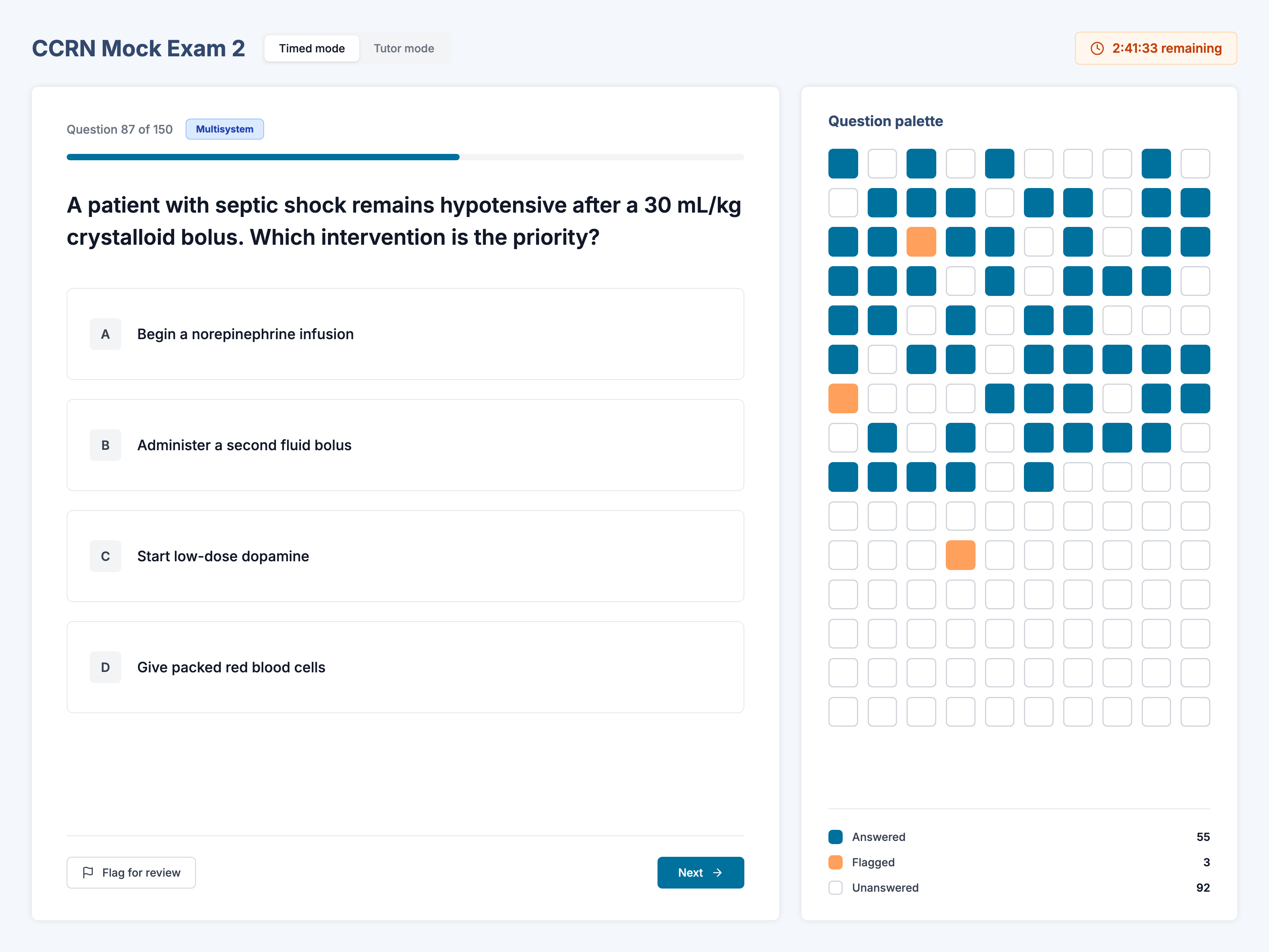 A timed PMP mock exam with countdown clock, question palette, and flag-for-review controls