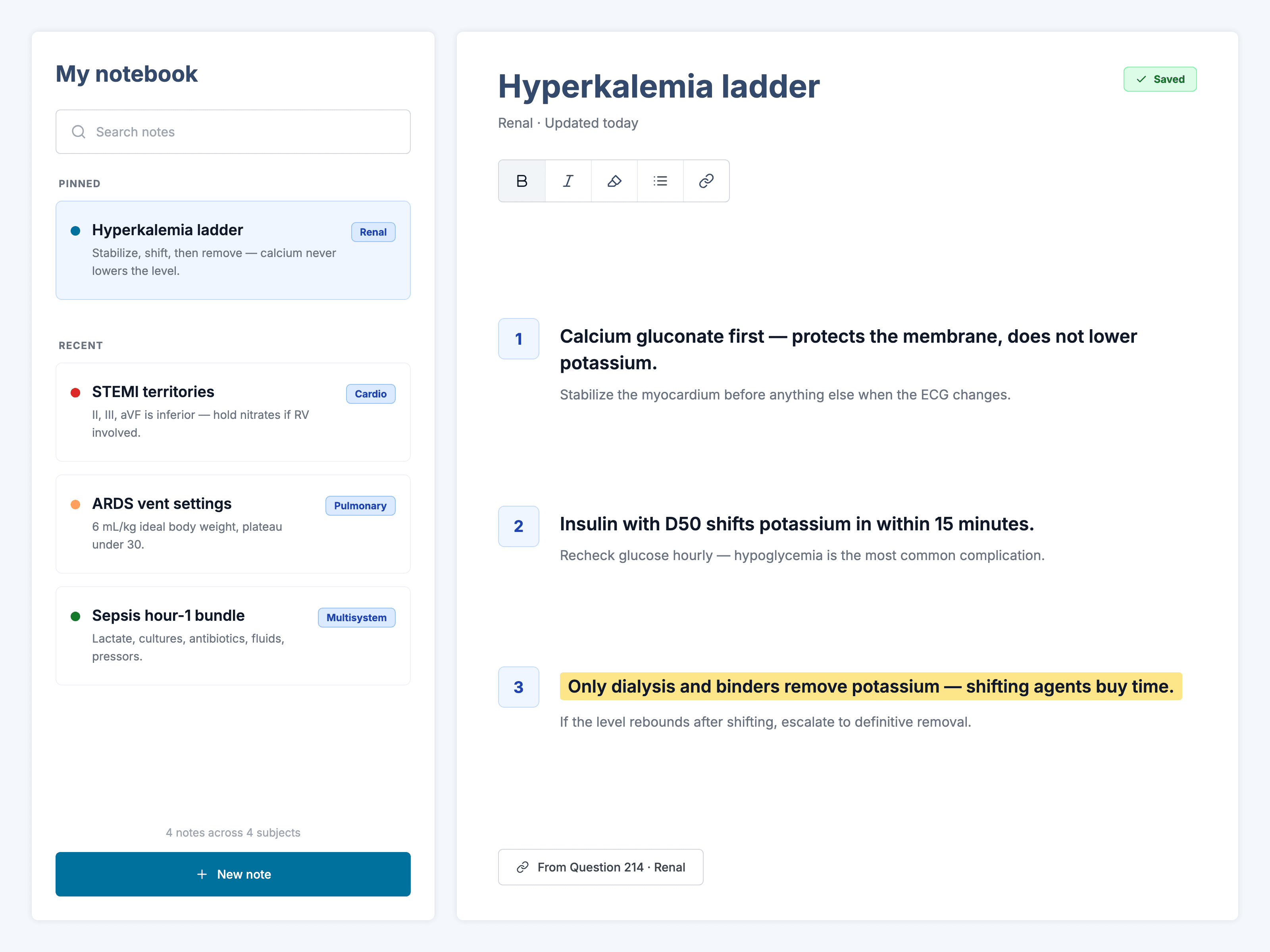 The built-in notebook: a saved agile-hybrid note with highlighted text and a link back to its question