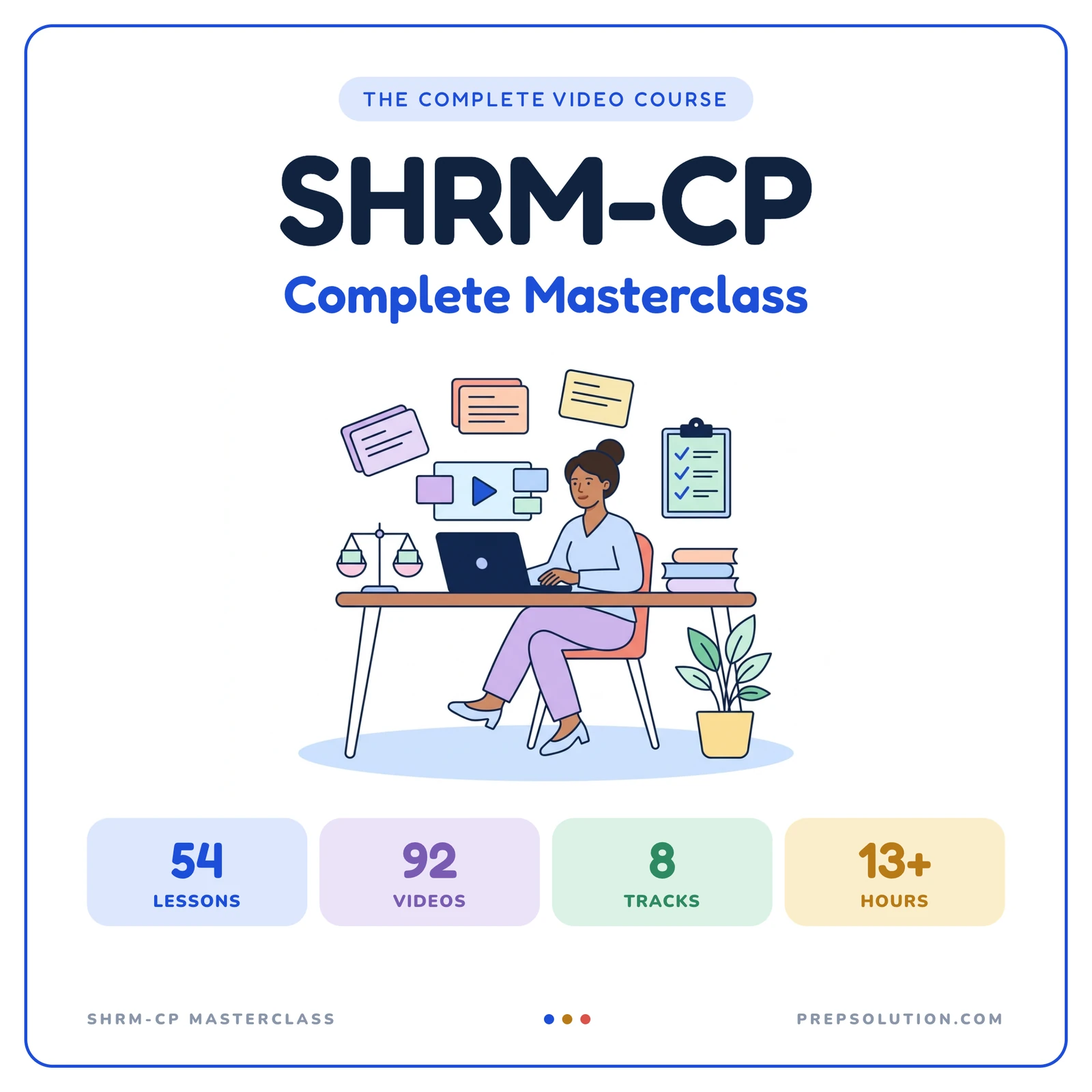 SHRM-CP Complete Masterclass illustrated cover: 54 lessons, 92 videos, eight learning tracks, and over 13 hours of teaching